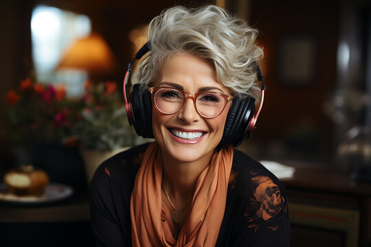 stylish cheerful gray-haired woman in headphones looking at the camera.recording a podcast or training. 