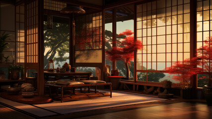 Obraz na płótnie Canvas japanese style dining room with window view