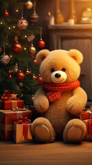 Christmas teddy bear with red scarf sitting in front of Christmas presents and Christmas tree