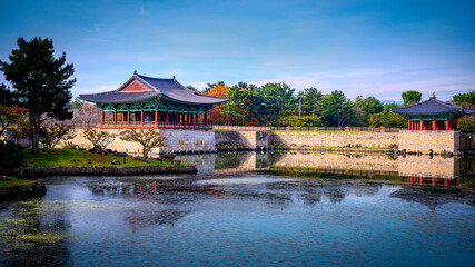 Naklejka premium Gyeongju City Landmark Heritage Site in South Korea, of Donggung Palace, Wolji Pond and Anapji Park with traditional Korean architecture and garden