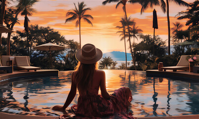Rear back view single woman in hat and summer dress welcoming sunset seated on poolside, enjoy evening light and view to exotic tropical nature on holidays in luxury resort. Vacation, travel concept - 678142864