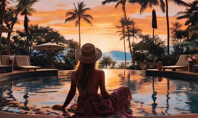 Foto op Canvas Rear back view single woman in hat and summer dress welcoming sunset seated on poolside, enjoy evening light and view to exotic tropical nature on holidays in luxury resort. Vacation, travel concept © Alex Tihonov