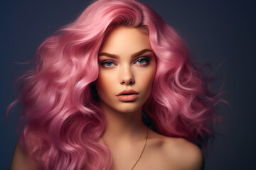 Beautiful young woman with pink hair. Perfect makeup. Fashion photo.  curly hair. pink curly hair. Beauty, fashion.