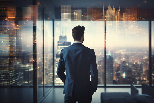 Rear view of young businessman walking in his panoramic office with double exposure of blurry financial graphs, soft light photography