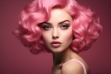 Fototapeta premium Beautiful young woman with pink hair. Perfect makeup. Fashion photo. curly hair. pink curly hair. Beauty, fashion.