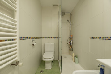 A small bathroom with a glass-enclosed shower cabin, a white porcelain toilet and a towel radiator on the wall