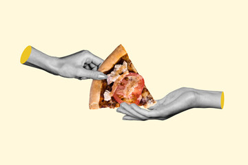 Collage image sketch of people eating delicious pizza pepperoni tomato sauce isolated on drawing background