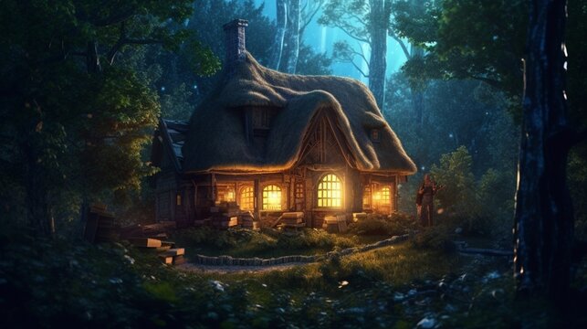 Fantasy old house garden night ancient photography image