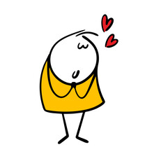 Cartoon modest shy young lady has closed her eyes and dreams of love. Vector illustration of nice girl and heart symbol on Valentines day.