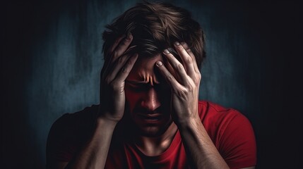 Young male holding his head in dark background. Headache and tiredness. Depressive state. Poor health and symptoms of a cold