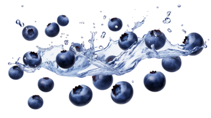 Falling blueberries with splash isolated on transparent background