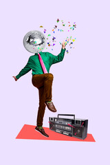 Collage vertical 3d image of weird funky cool unknown guy listening radio dancing alone dancehall...