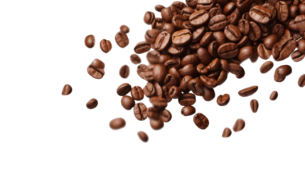 Falling coffee beans isolated on transparent background