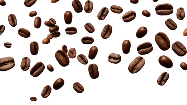 Falling coffee beans isolated on transparent background