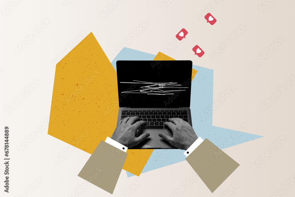 Fototapete pop magazine template collage of person using netbook browsing social media like favorite posts