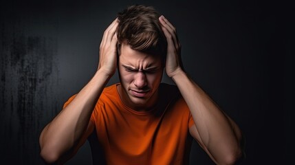 Young male holding his head in dark background. Headache and tiredness. Depressive state. Poor health and symptoms of a cold