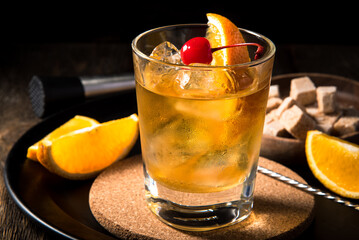 Old fashion cocktail on a tray on a wooden table.