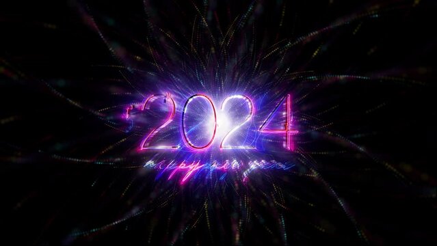2024 Happy New year glow neo pink text light motion effect Cinematic Title Trailer animation on black abstract background. 
