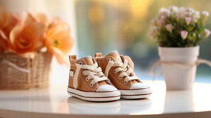 a pair of children's shoes against the background of the room, sneakers, childhood, gift, clothing store, outfit, baby, child, kindergarten, space for text, footwear, laces, pastel