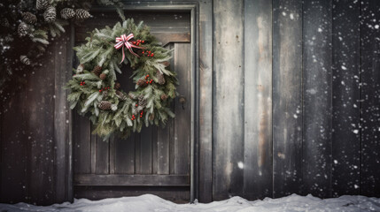 A traditional Christmas wreath on a wooden door with a snowy background, capturing the holiday essence in high-resolution