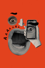 Photo cartoon comics sketch collage picture of face parts screaming aaa modern device isolated orange color background