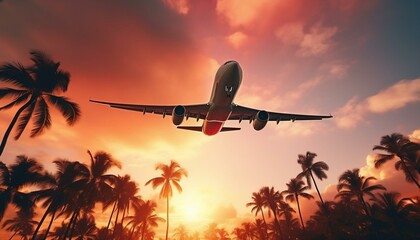 Landing airplane on a orange tropical sunset with palm trees 