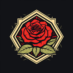 Red rose in a hexagon on a black background. Vector illustration. 