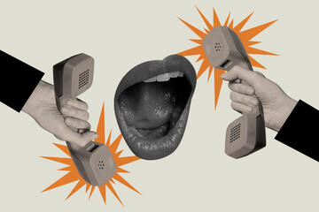 Collage 3d pinup pop retro sketch image of mouth lips yelling vintage telephone isolated beige...