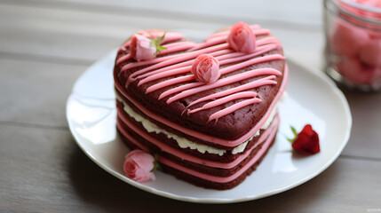 Heart-Shaped Red Velvet Cake with Pink Icing and Decorative Roses for Valentine's Day