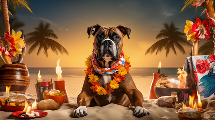 Tropical Beach Luau Party Theme with Dog Wearing Lei and Hawaiian Shirt - obrazy, fototapety, plakaty