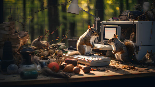 Squirrels in an Organized Chaos: A Whimsical Wildlife Office Scene