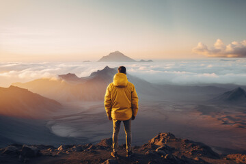 rear view of Young man in yellow jacket meets beautiful sunrise above volcanic crater, aesthetic look