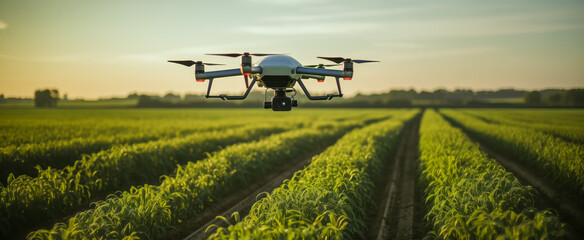 Drone over lush green fields at sunset - obrazy, fototapety, plakaty