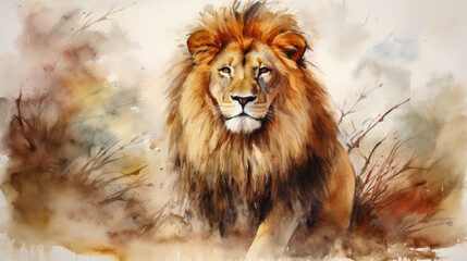 Naklejka premium Lion in the wild. Watercolor painting