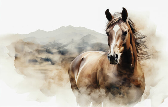 Watercolor painting of a horse in the mountains.