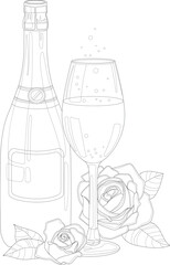 Realistic bottle of champagne and glass with rose flowers sketch template. Graphic cartoon vector illustration in black and white for game, background, pattern, decor. Coloring paper, page, story book