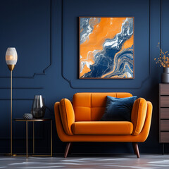 Minimalist living room interior with orange sofa and blue wall. 3d render,Generative AI