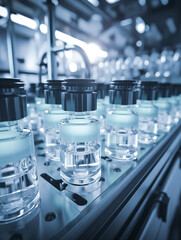 Pharmaceutical factory production line medical vials, pharmaceutical machine work pharmaceutical glass bottle production line,Vaccine production concept	 - obrazy, fototapety, plakaty