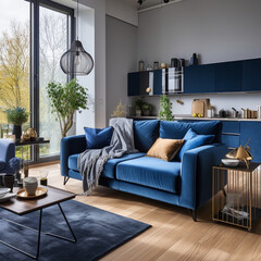 Blue living room interior with a blue sofa and a coffee table. 3d rendering mock up,Generative AI