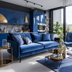 Blue living room interior with a blue sofa and a coffee table. 3d rendering mock up,Generative AI