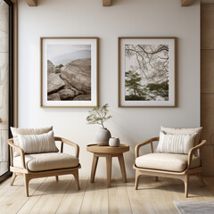 Living room interior with two armchairs, coffee table and posters. 3d render,Generative AI