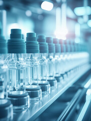 Pharmaceutical factory production line medical vials, pharmaceutical machine work pharmaceutical glass bottle production line,Vaccine production concept	