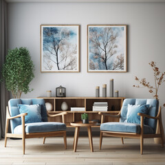 Interior of modern living room with gray walls, wooden floor, comfortable blue armchairs standing near coffee table and bookcase. Mock up poster frame. 3d rendering,Generative AI