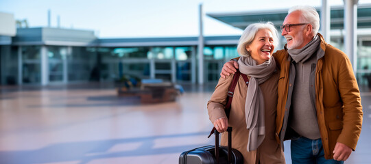 Joyful senior travelers with suitcase at airport, embracing new experiences.
