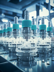 Pharmaceutical factory production line medical vials, pharmaceutical machine work pharmaceutical glass bottle production line,Vaccine production concept	