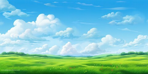 Obraz na płótnie Canvas Blissful Green Meadow Under Blue Skies, Generative AI