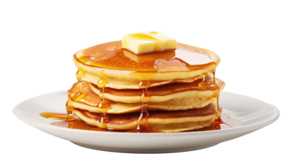 Stack of pancakes with syrup, transparent background