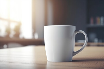 A solitary white mug stands on a wood surface, bathed in soft light with a blurred background.