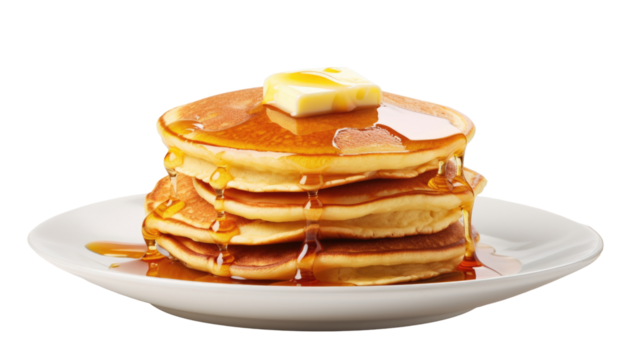 Stack of pancakes with syrup, transparent background