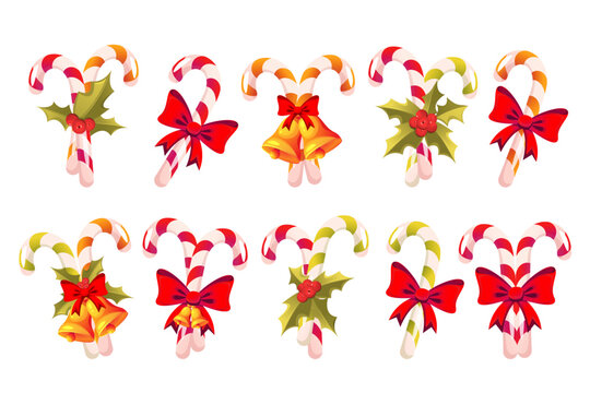 Collection of decorated Christmas candy canes. Christmas candies decorated with red bow, holly, bells. Candy cane.